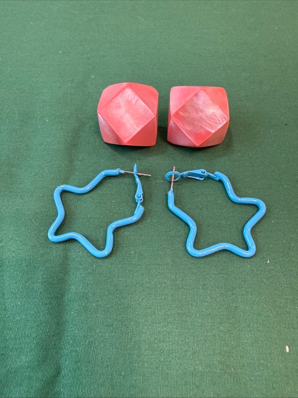 Blue Star Hoop Earrings with Coral Geometric Studs